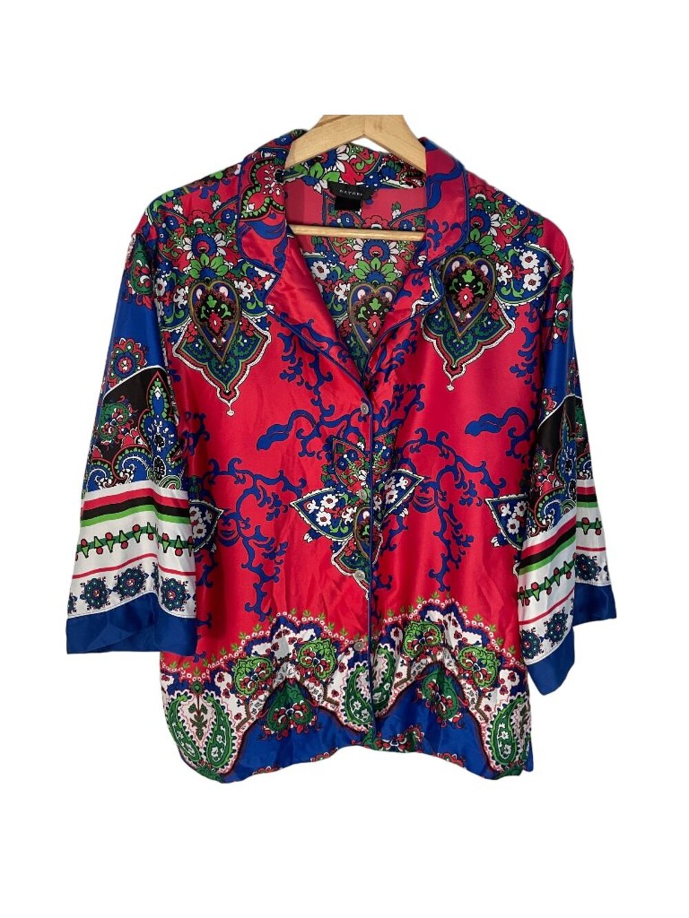 Natori Amidala Satin Pajama Top Women L? Kimono Sleeve Pink Colorful